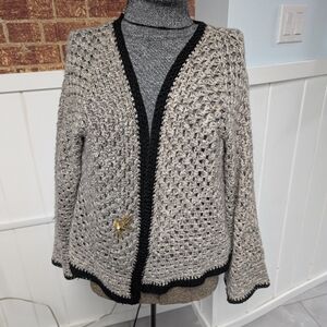 Granny Stitch Hexi Cardi, Neutral Tone Gray with Black Trim, Displayed with Pin